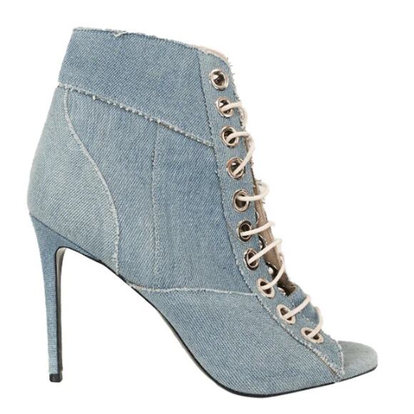 Barbara Bui Denim Lace-Up Open Toe Stilettos Ankle Boots Light Blue Women's 36.5 - Picture 1 of 10